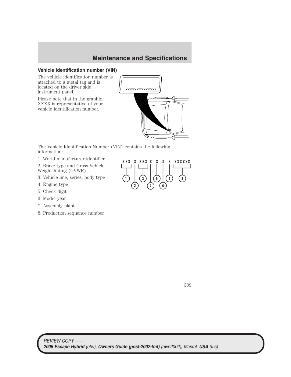 Vehicle identification number (vin), Maintenance and specifications | FORD 2006 Escape Hybrid v.2 User Manual | Page 309 / 340