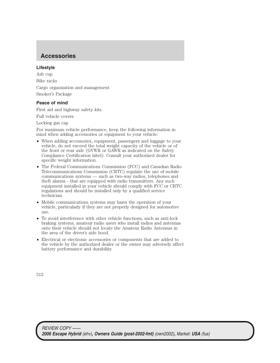 Lifestyle, Peace of mind, Accessories | FORD 2006 Escape Hybrid v.2 User Manual | Page 312 / 340
