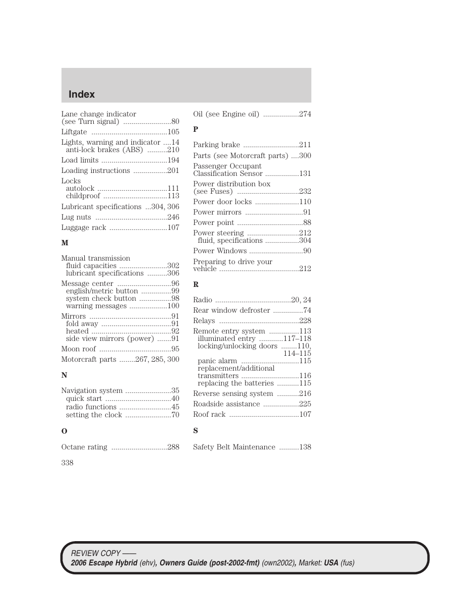 Index | FORD 2006 Escape Hybrid v.2 User Manual | Page 338 / 340