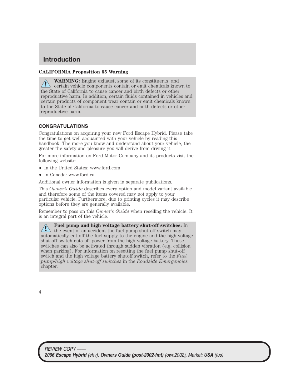 Introduction, Congratulations | FORD 2006 Escape Hybrid v.2 User Manual | Page 4 / 340