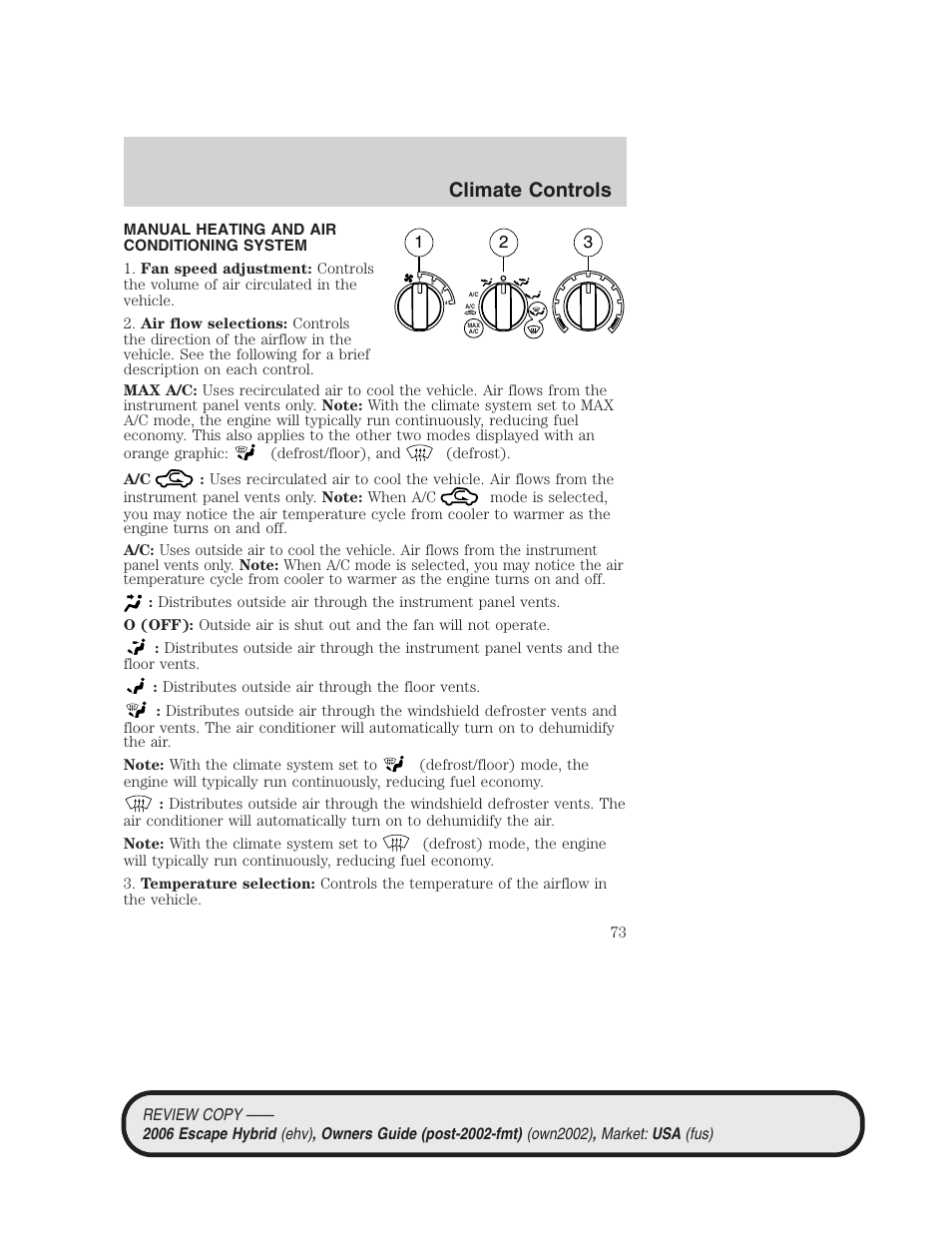 Climate controls, Manual heating and air conditioning system, Manual heating and air conditioning | FORD 2006 Escape Hybrid v.2 User Manual | Page 73 / 340