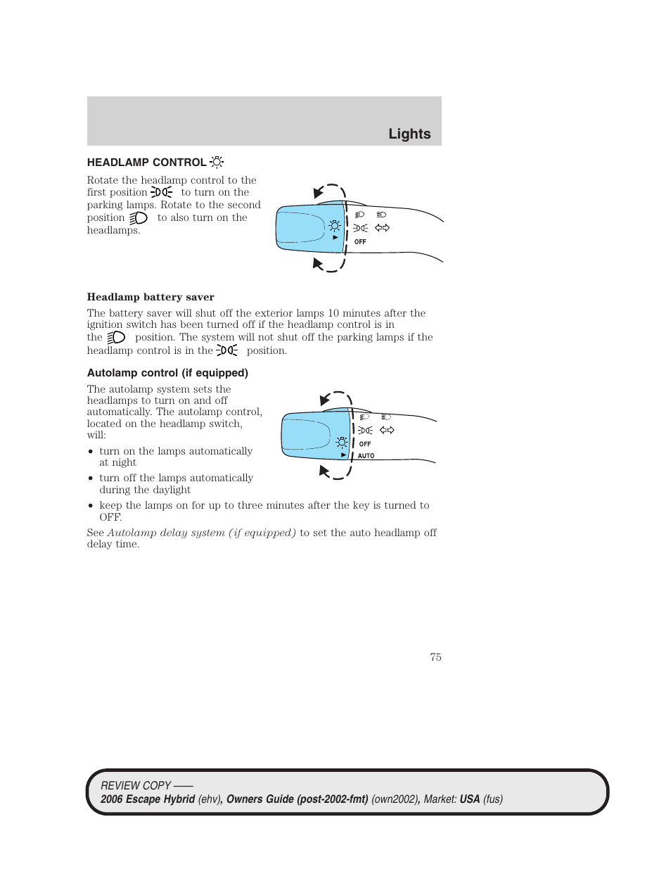 Lights, Headlamp control, Autolamp control (if equipped) | Headlamps | FORD 2006 Escape Hybrid v.2 User Manual | Page 75 / 340