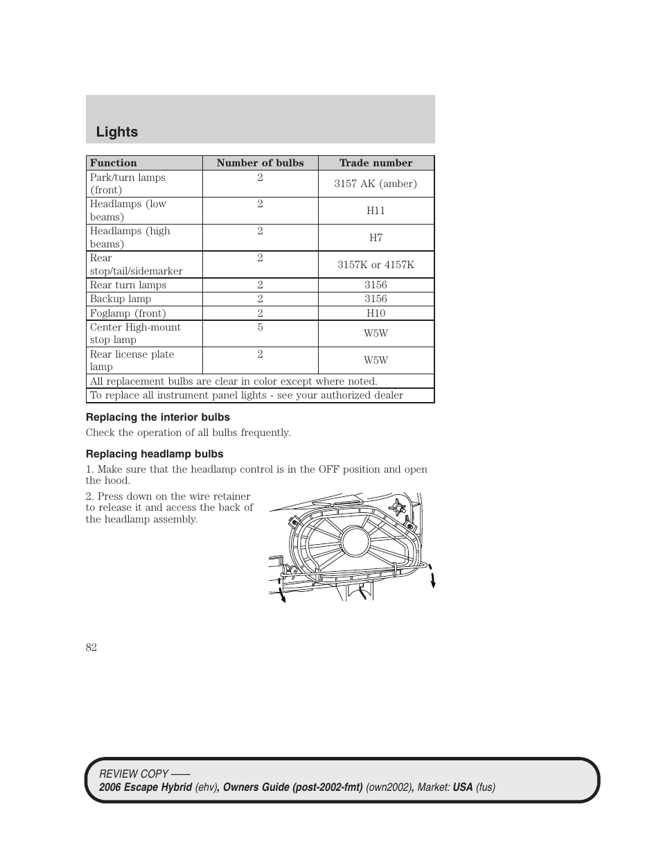 Replacing the interior bulbs, Replacing headlamp bulbs, Lights | FORD 2006 Escape Hybrid v.2 User Manual | Page 82 / 340
