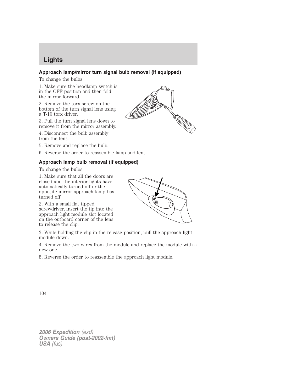 Approach lamp bulb removal (if equipped), Lights | FORD 2006 Expedition v.1 User Manual | Page 104 / 360