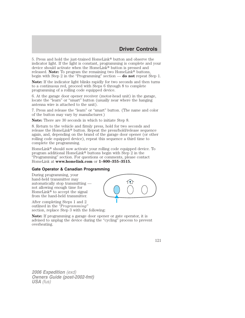 Gate operator & canadian programming, Driver controls | FORD 2006 Expedition v.1 User Manual | Page 121 / 360