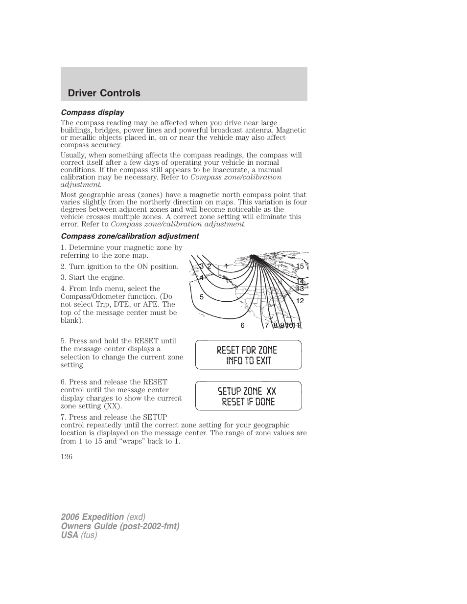 Compass display, Compass zone/calibration adjustment, Driver controls | FORD 2006 Expedition v.1 User Manual | Page 126 / 360