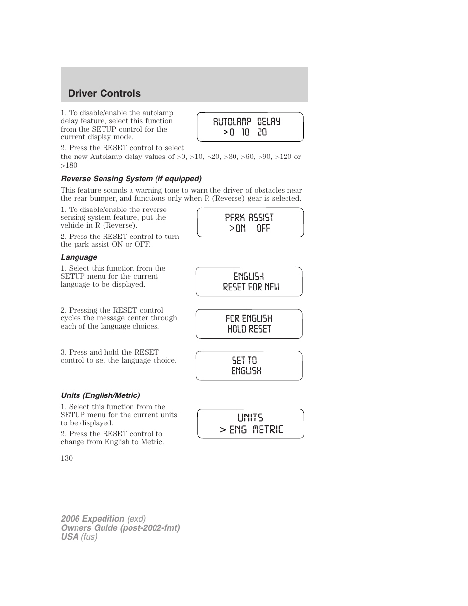 Reverse sensing system (if equipped), Language, Units (english/metric) | Driver controls | FORD 2006 Expedition v.1 User Manual | Page 130 / 360