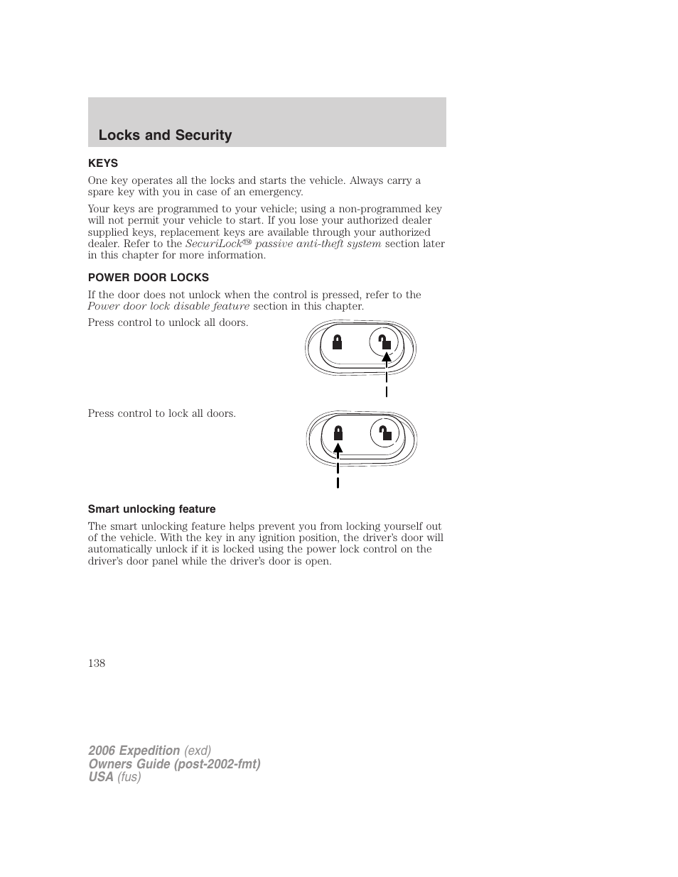 Locks and security, Keys, Power door locks | Smart unlocking feature, Locks | FORD 2006 Expedition v.1 User Manual | Page 138 / 360