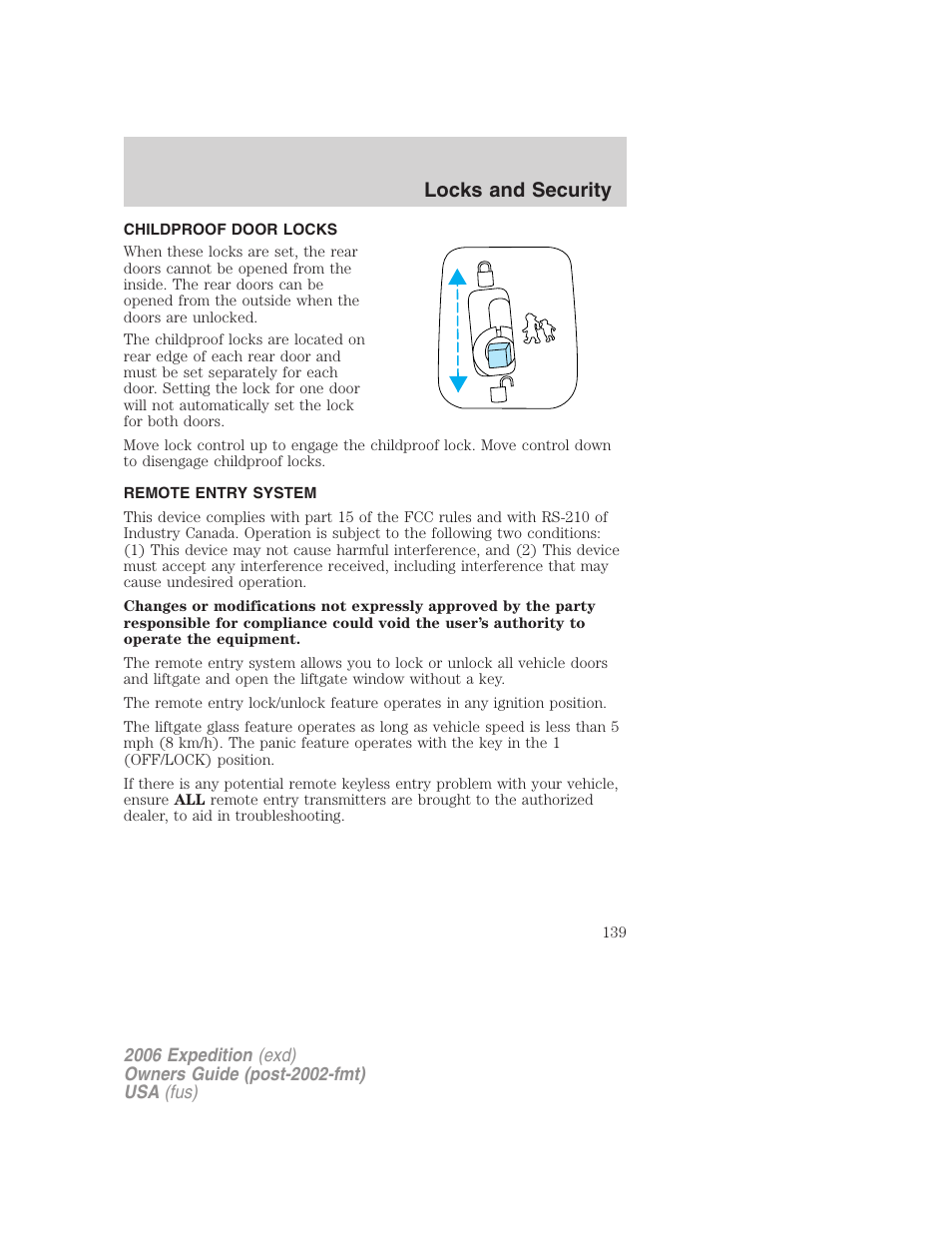 Childproof door locks, Remote entry system, Anti-theft system | Locks and security | FORD 2006 Expedition v.1 User Manual | Page 139 / 360