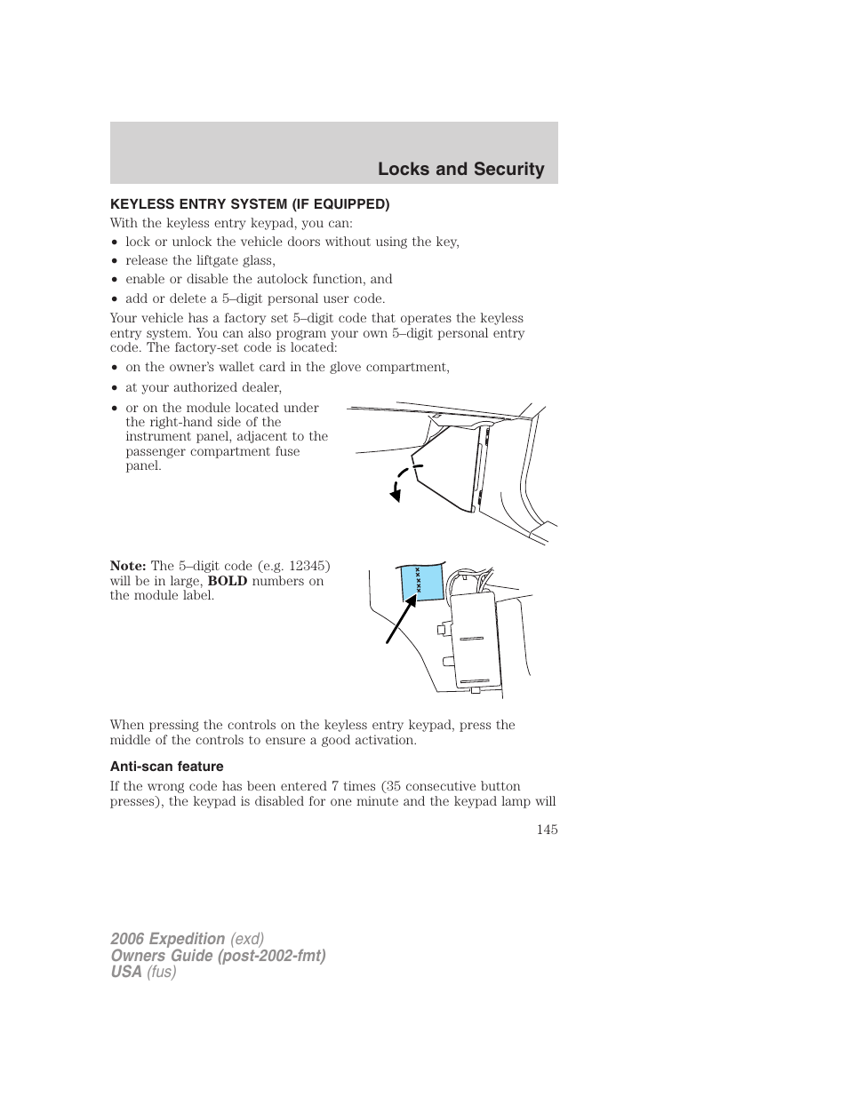 Keyless entry system (if equipped), Anti-scan feature, Locks and security | FORD 2006 Expedition v.1 User Manual | Page 145 / 360