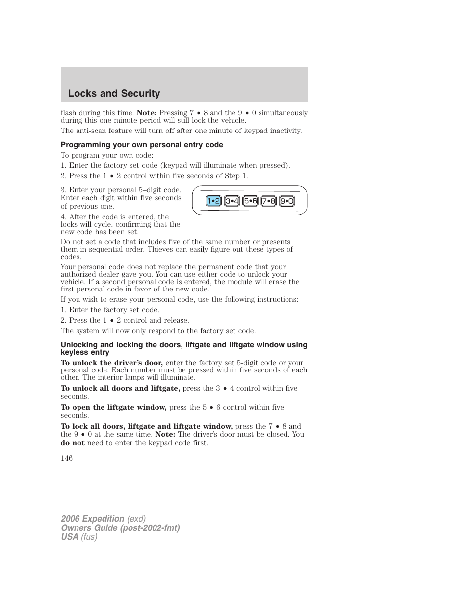 Programming your own personal entry code, Locks and security | FORD 2006 Expedition v.1 User Manual | Page 146 / 360