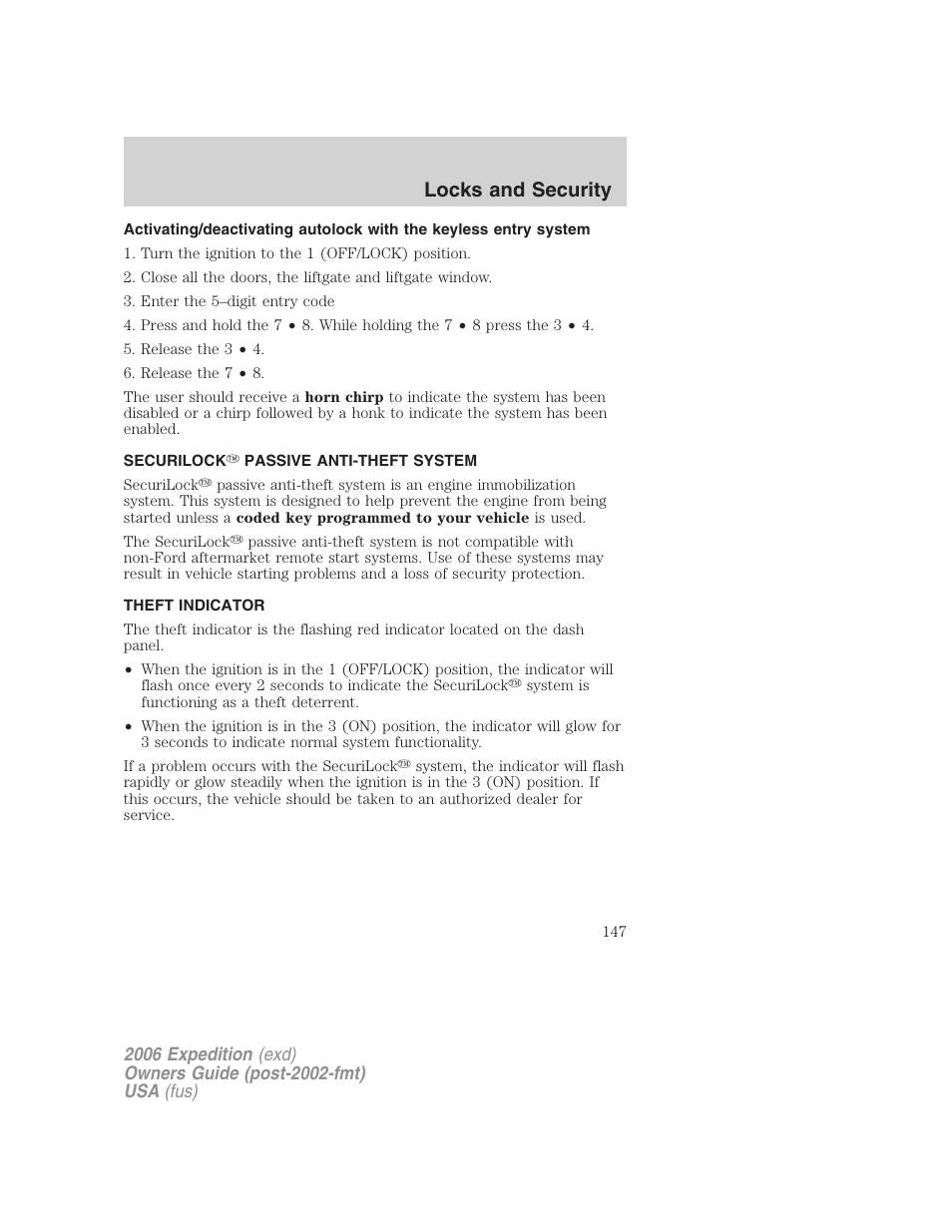 Securilock passive anti-theft system, Theft indicator, Locks and security | FORD 2006 Expedition v.1 User Manual | Page 147 / 360