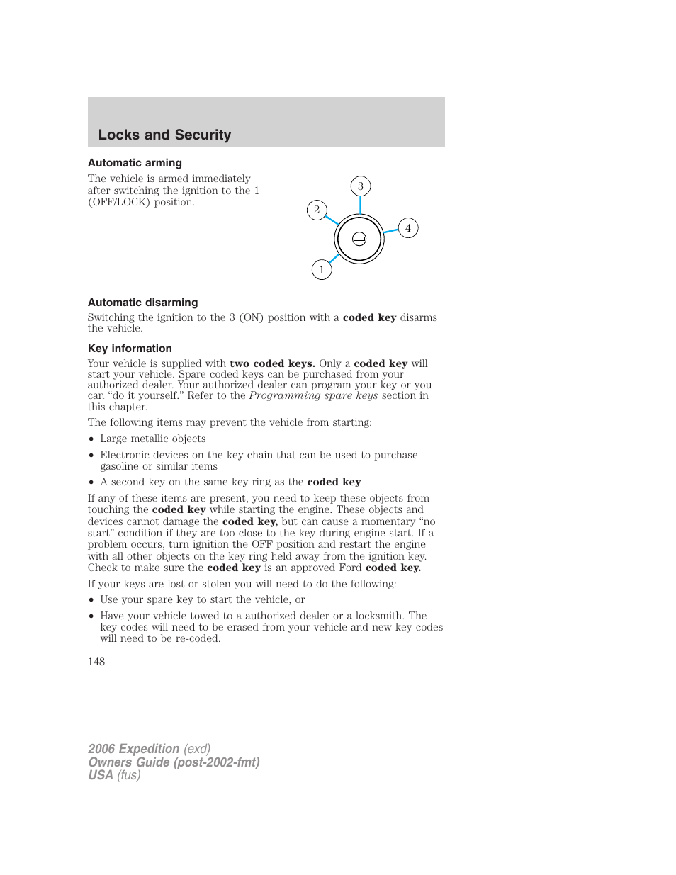 Automatic arming, Automatic disarming, Key information | Locks and security | FORD 2006 Expedition v.1 User Manual | Page 148 / 360