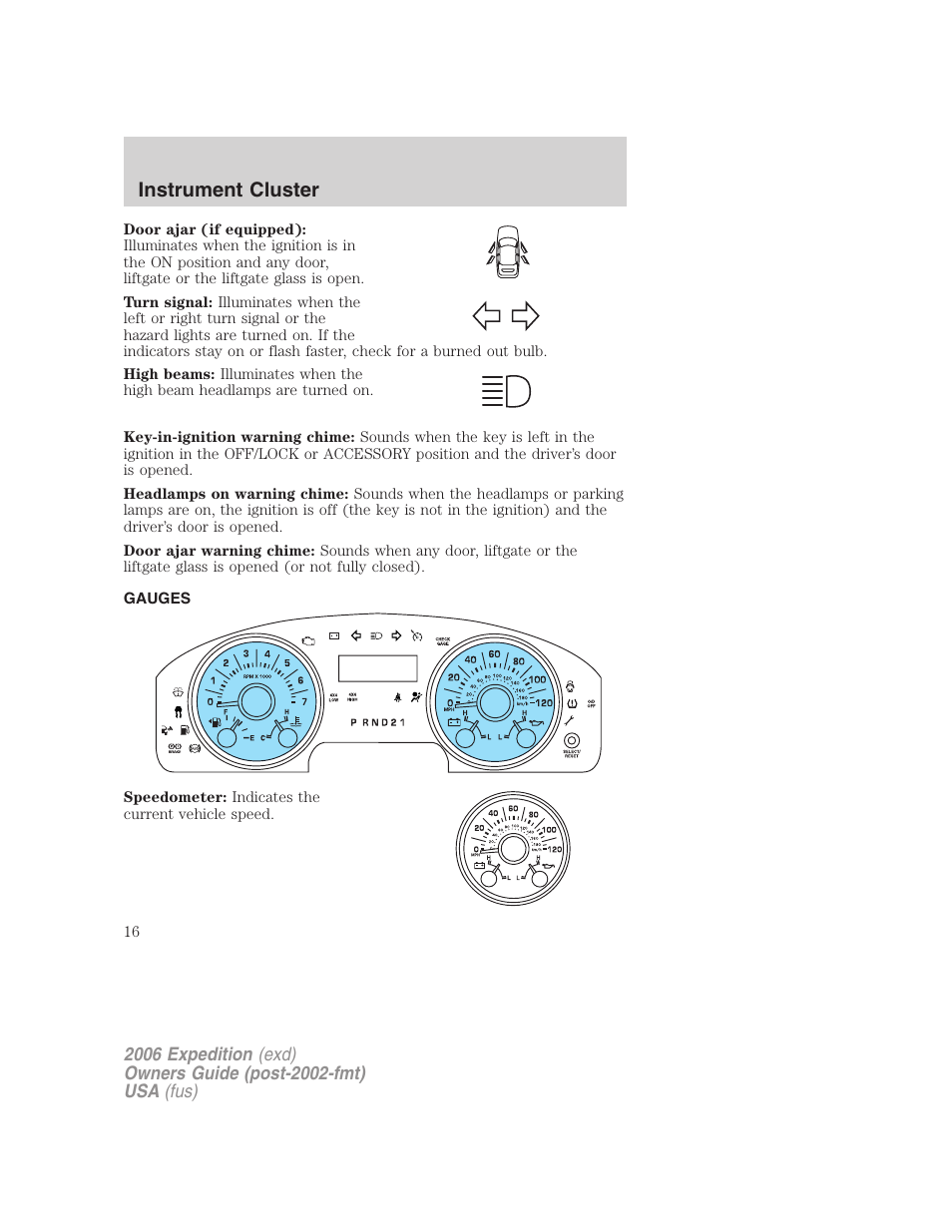 Gauges, Instrument cluster | FORD 2006 Expedition v.1 User Manual | Page 16 / 360