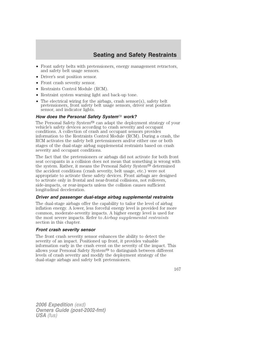 How does the personal safety system work, Front crash severity sensor, Seating and safety restraints | FORD 2006 Expedition v.1 User Manual | Page 167 / 360