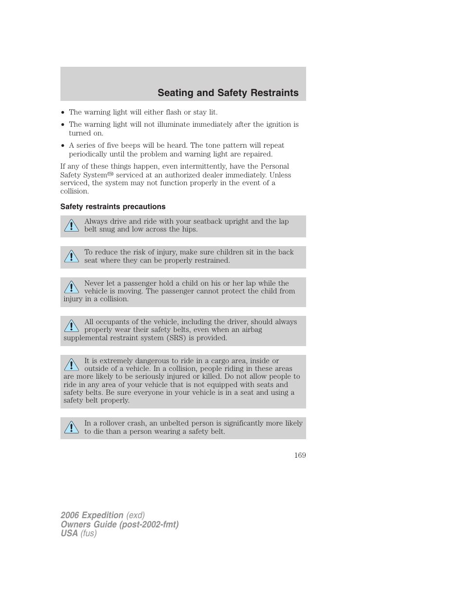 Safety restraints precautions, Seating and safety restraints | FORD 2006 Expedition v.1 User Manual | Page 169 / 360