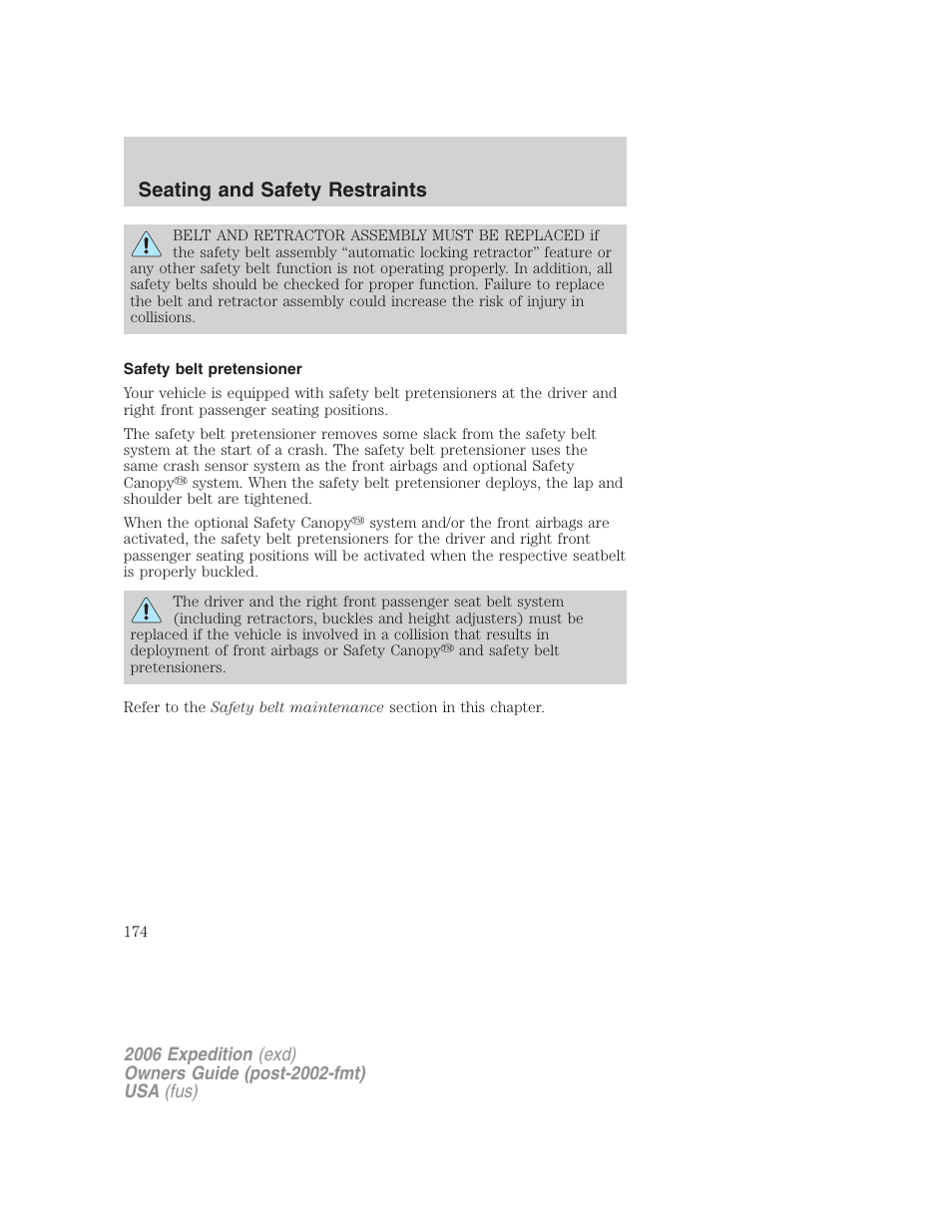 Safety belt pretensioner, Seating and safety restraints | FORD 2006 Expedition v.1 User Manual | Page 174 / 360
