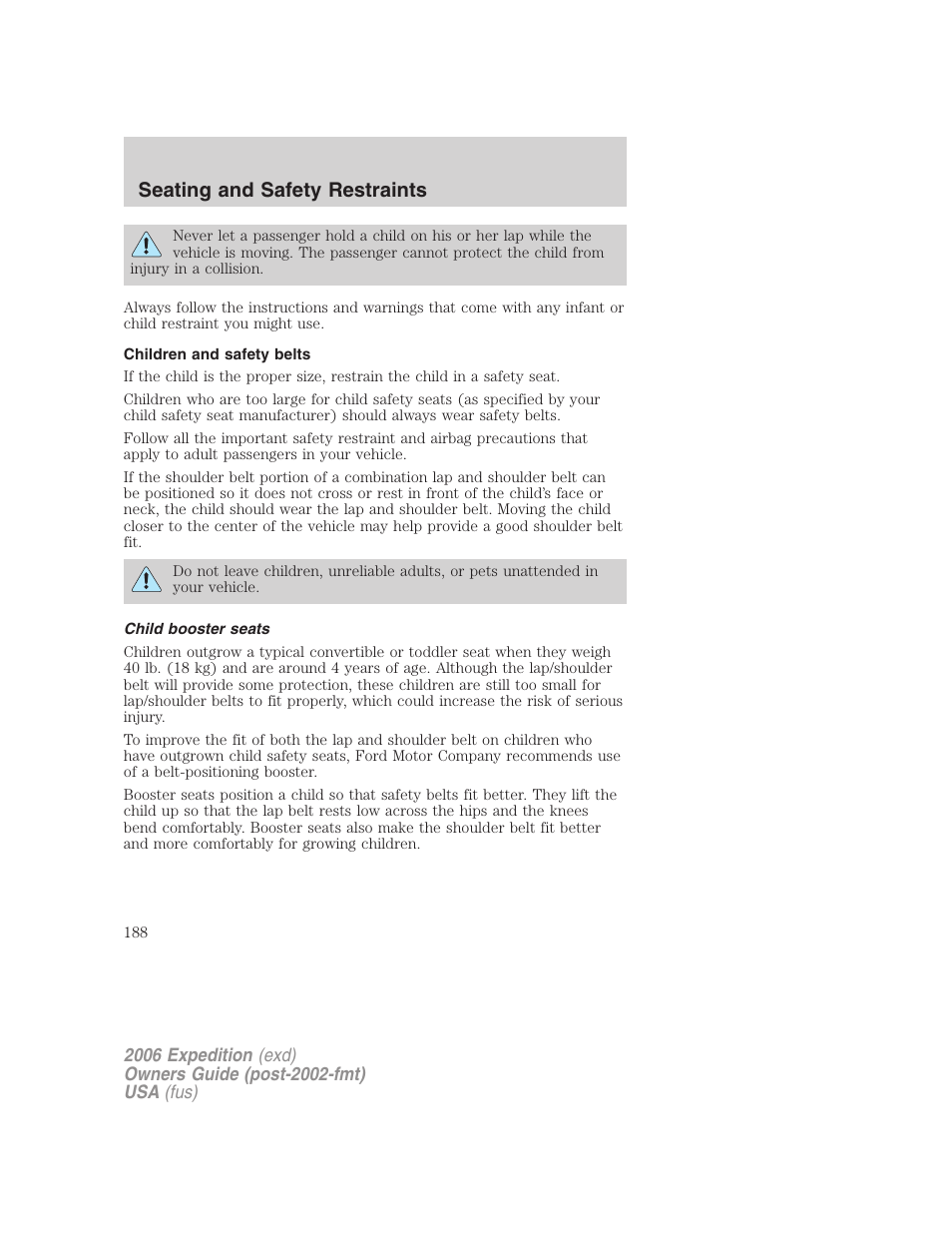 Children and safety belts, Child booster seats, Seating and safety restraints | FORD 2006 Expedition v.1 User Manual | Page 188 / 360