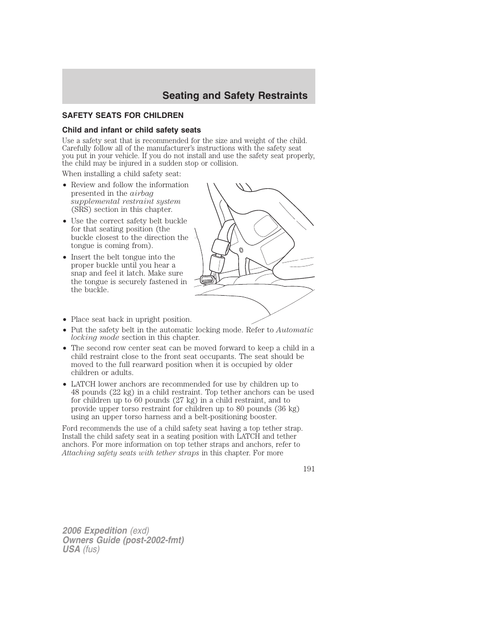 Safety seats for children, Child and infant or child safety seats, Seating and safety restraints | FORD 2006 Expedition v.1 User Manual | Page 191 / 360