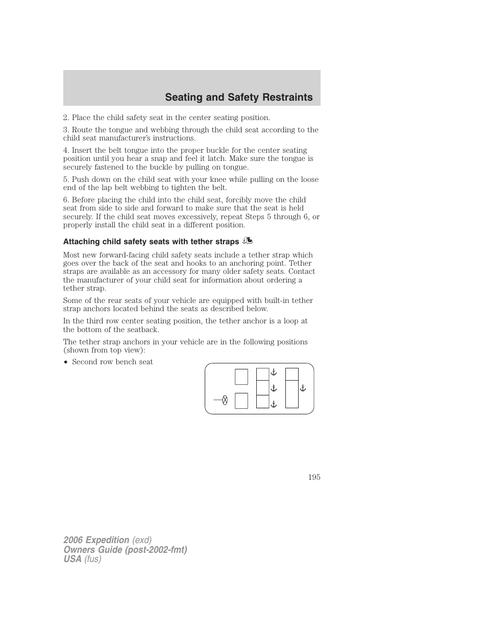 Attaching child safety seats with tether straps, Seating and safety restraints | FORD 2006 Expedition v.1 User Manual | Page 195 / 360