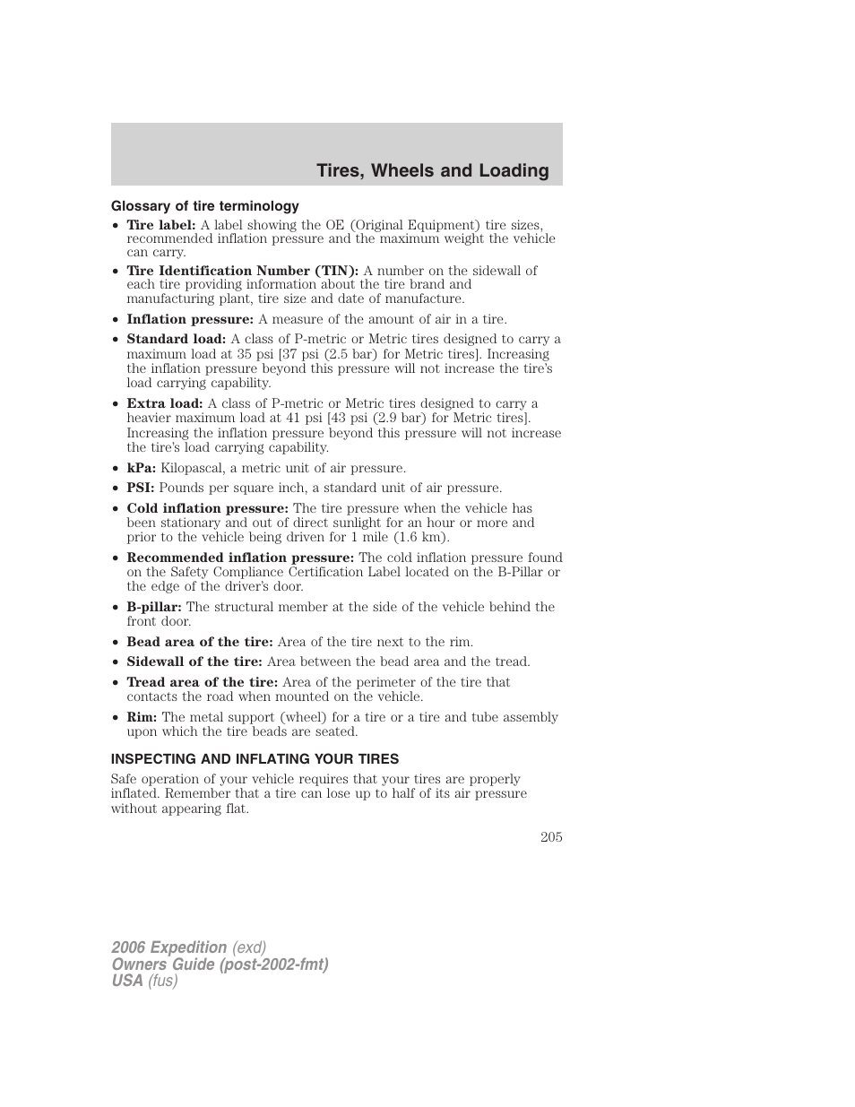 Glossary of tire terminology, Inspecting and inflating your tires, Tire inflation | Tires, wheels and loading | FORD 2006 Expedition v.1 User Manual | Page 205 / 360