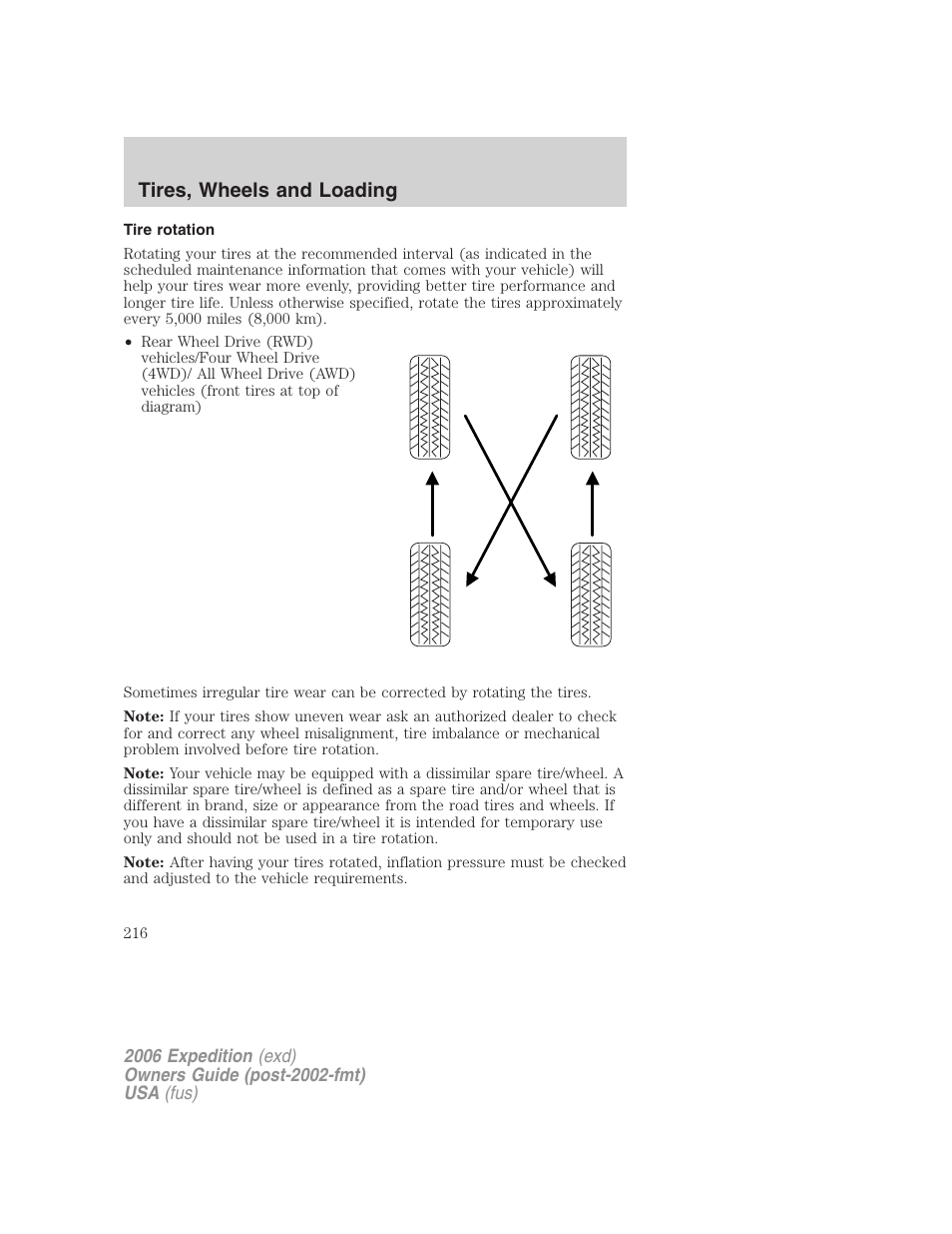 Tire rotation, Tires, wheels and loading | FORD 2006 Expedition v.1 User Manual | Page 216 / 360