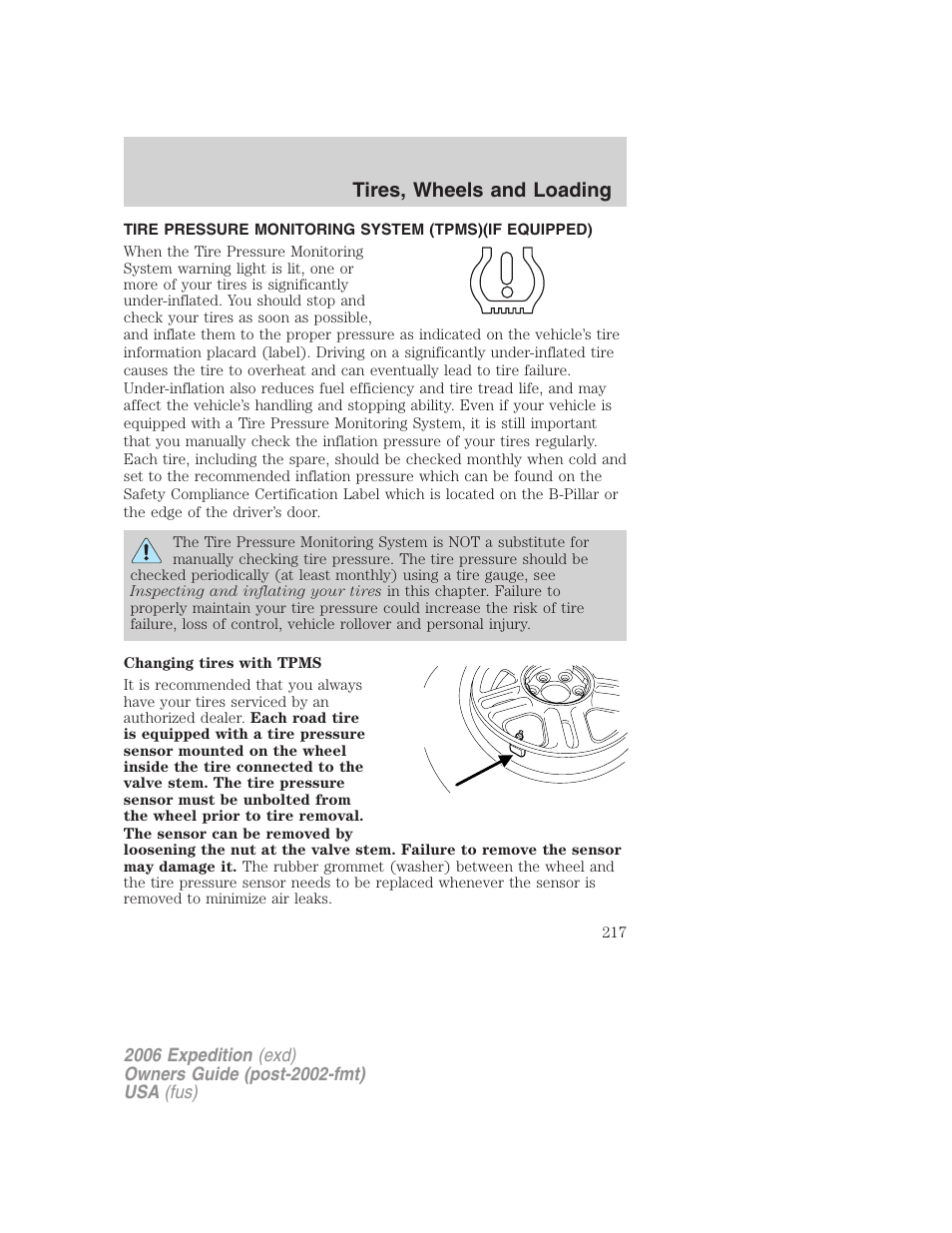 Tire pressure monitoring system (tpms), Tires, wheels and loading | FORD 2006 Expedition v.1 User Manual | Page 217 / 360