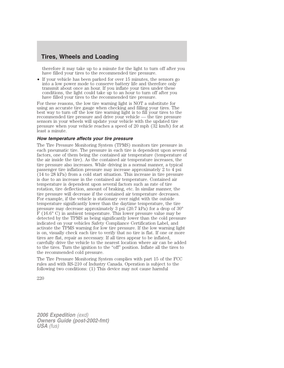 How temperature affects your tire pressure, Tires, wheels and loading | FORD 2006 Expedition v.1 User Manual | Page 220 / 360