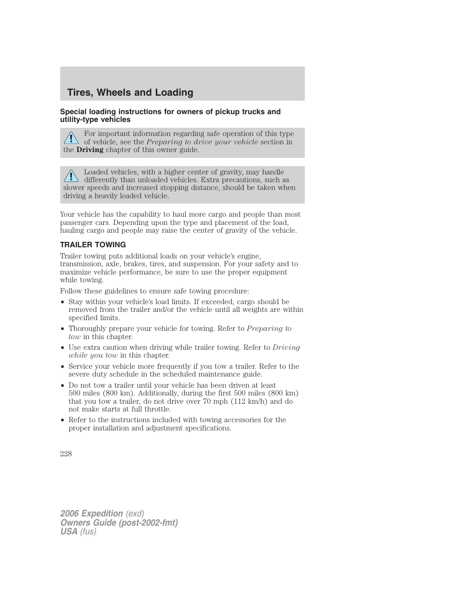 Trailer towing, Tires, wheels and loading | FORD 2006 Expedition v.1 User Manual | Page 228 / 360