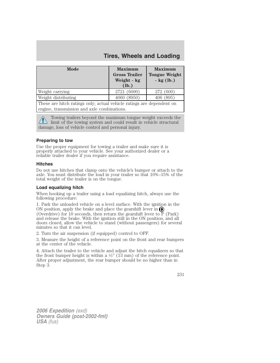 Preparing to tow, Hitches, Load equalizing hitch | Tires, wheels and loading | FORD 2006 Expedition v.1 User Manual | Page 231 / 360