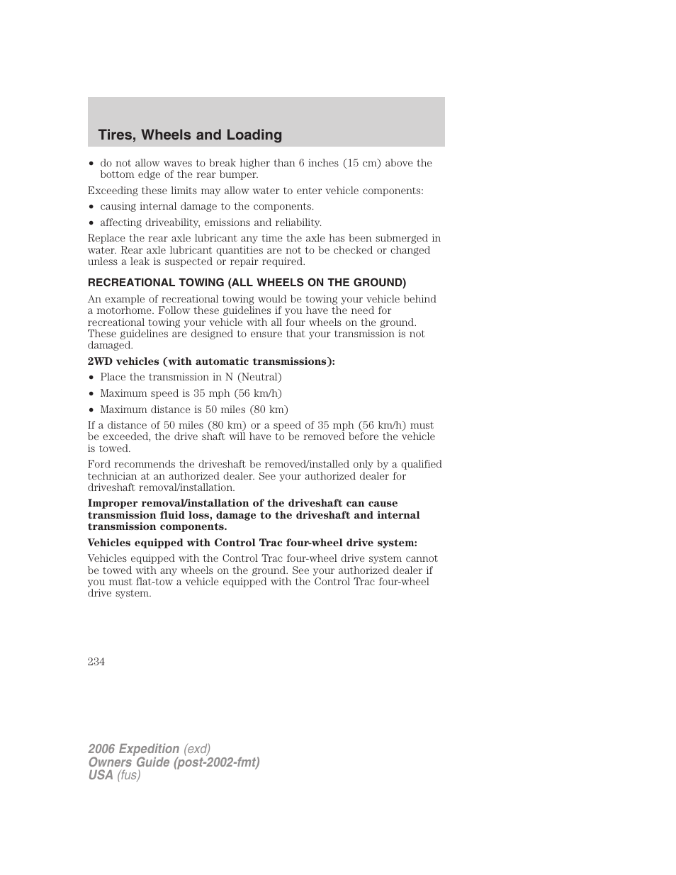 Recreational towing (all wheels on the ground), Recreational towing, Tires, wheels and loading | FORD 2006 Expedition v.1 User Manual | Page 234 / 360