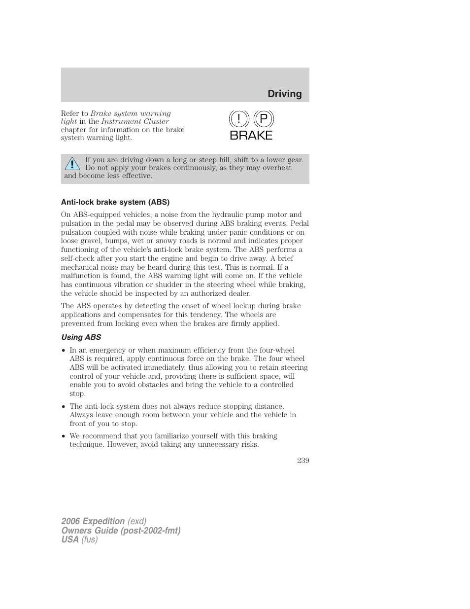 Anti-lock brake system (abs), Using abs, P! brake | FORD 2006 Expedition v.1 User Manual | Page 239 / 360