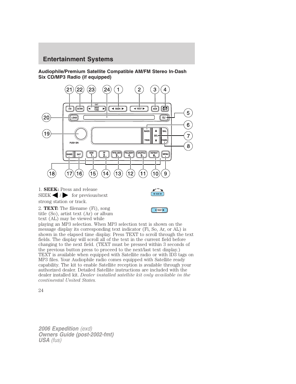 Am/fm stereo with in-dash six cd, Entertainment systems | FORD 2006 Expedition v.1 User Manual | Page 24 / 360