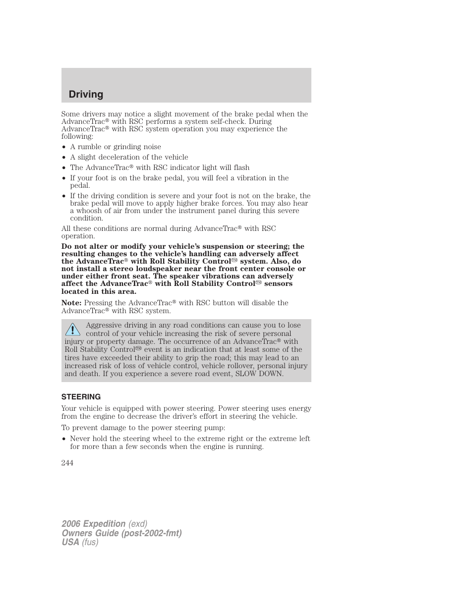 Steering, Driving | FORD 2006 Expedition v.1 User Manual | Page 244 / 360