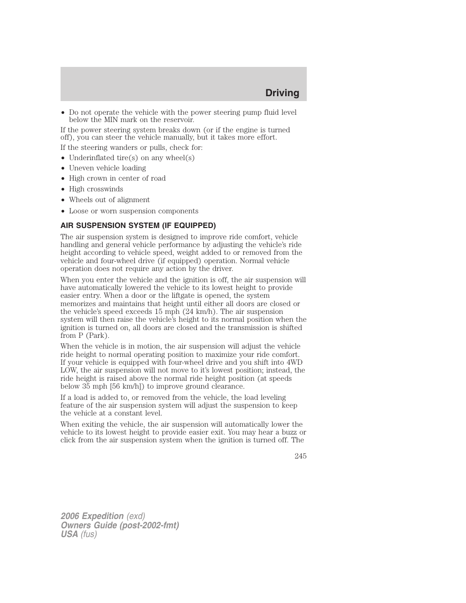 Air suspension system (if equipped), Air suspension, Driving | FORD 2006 Expedition v.1 User Manual | Page 245 / 360