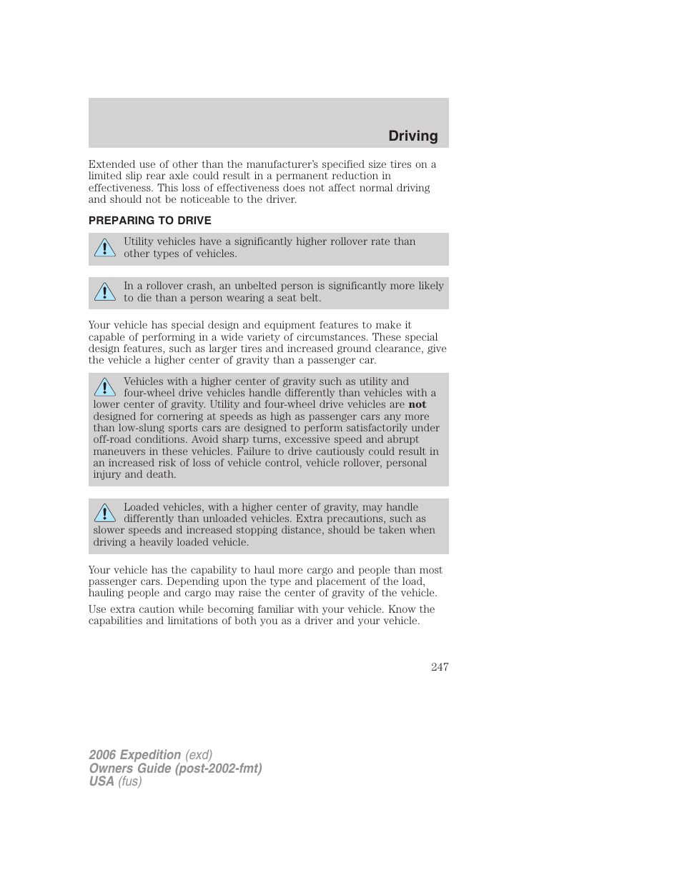 Preparing to drive, Driving | FORD 2006 Expedition v.1 User Manual | Page 247 / 360