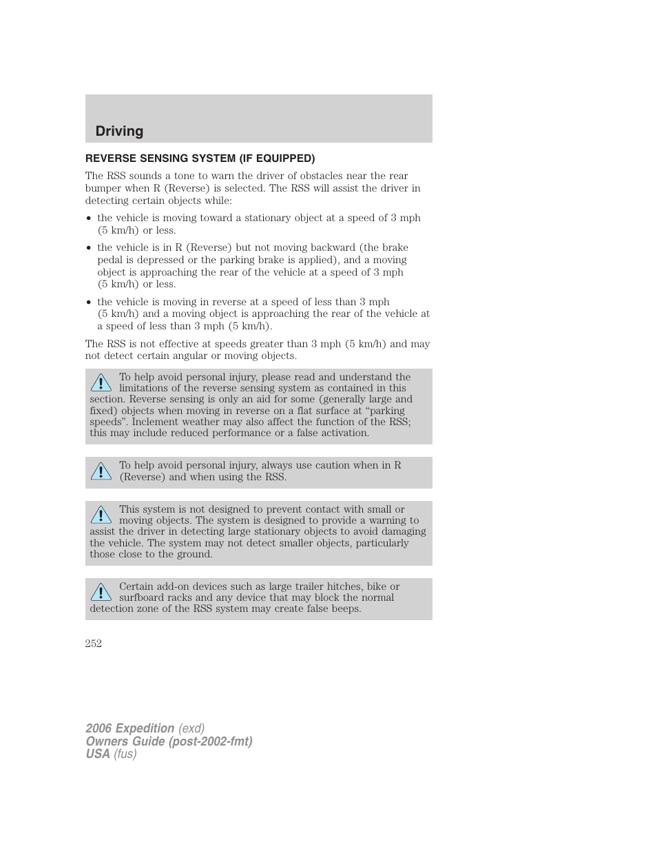 Reverse sensing system (if equipped), Driving | FORD 2006 Expedition v.1 User Manual | Page 252 / 360