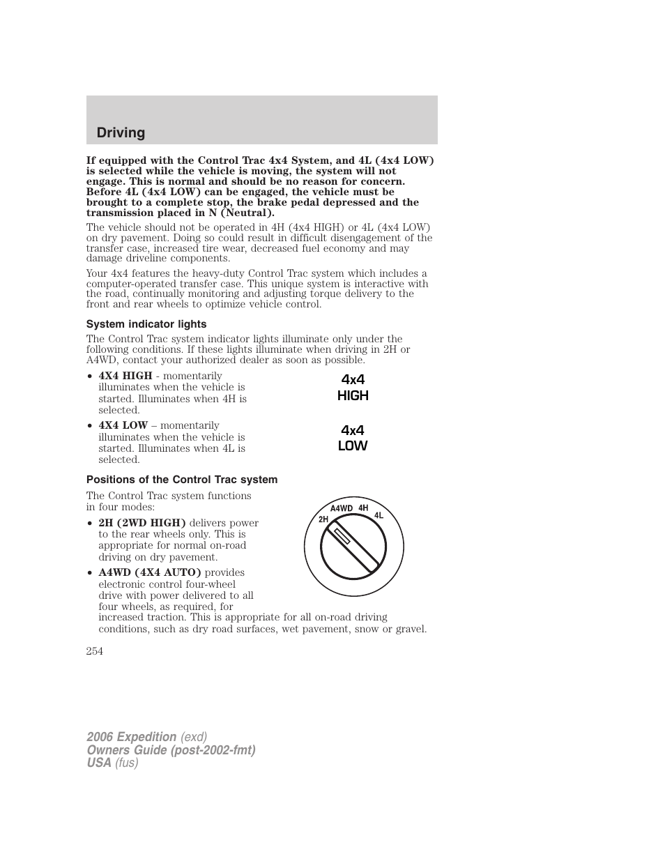 System indicator lights, Positions of the control trac system, Driving | FORD 2006 Expedition v.1 User Manual | Page 254 / 360
