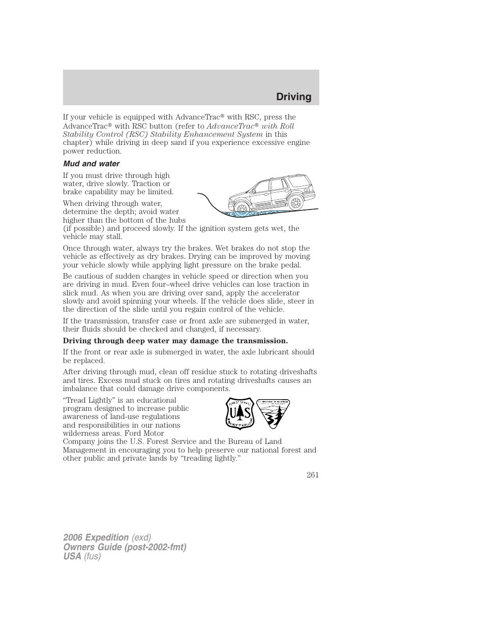 Mud and water, Driving | FORD 2006 Expedition v.1 User Manual | Page 261 / 360