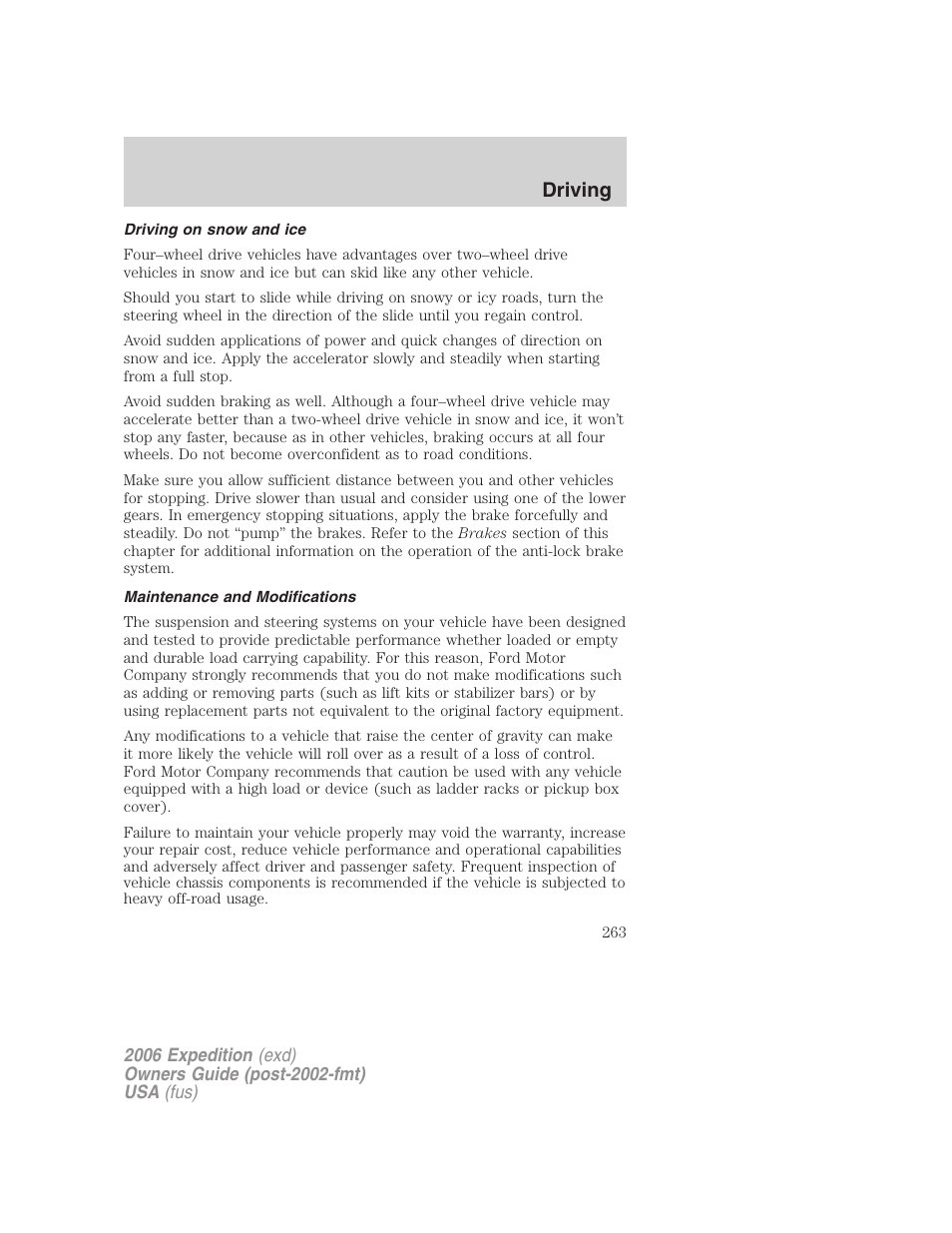 Driving on snow and ice, Maintenance and modifications, Driving | FORD 2006 Expedition v.1 User Manual | Page 263 / 360