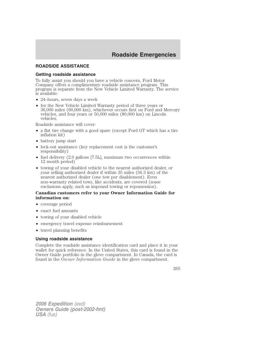 Roadside emergencies, Roadside assistance, Getting roadside assistance | Using roadside assistance | FORD 2006 Expedition v.1 User Manual | Page 265 / 360