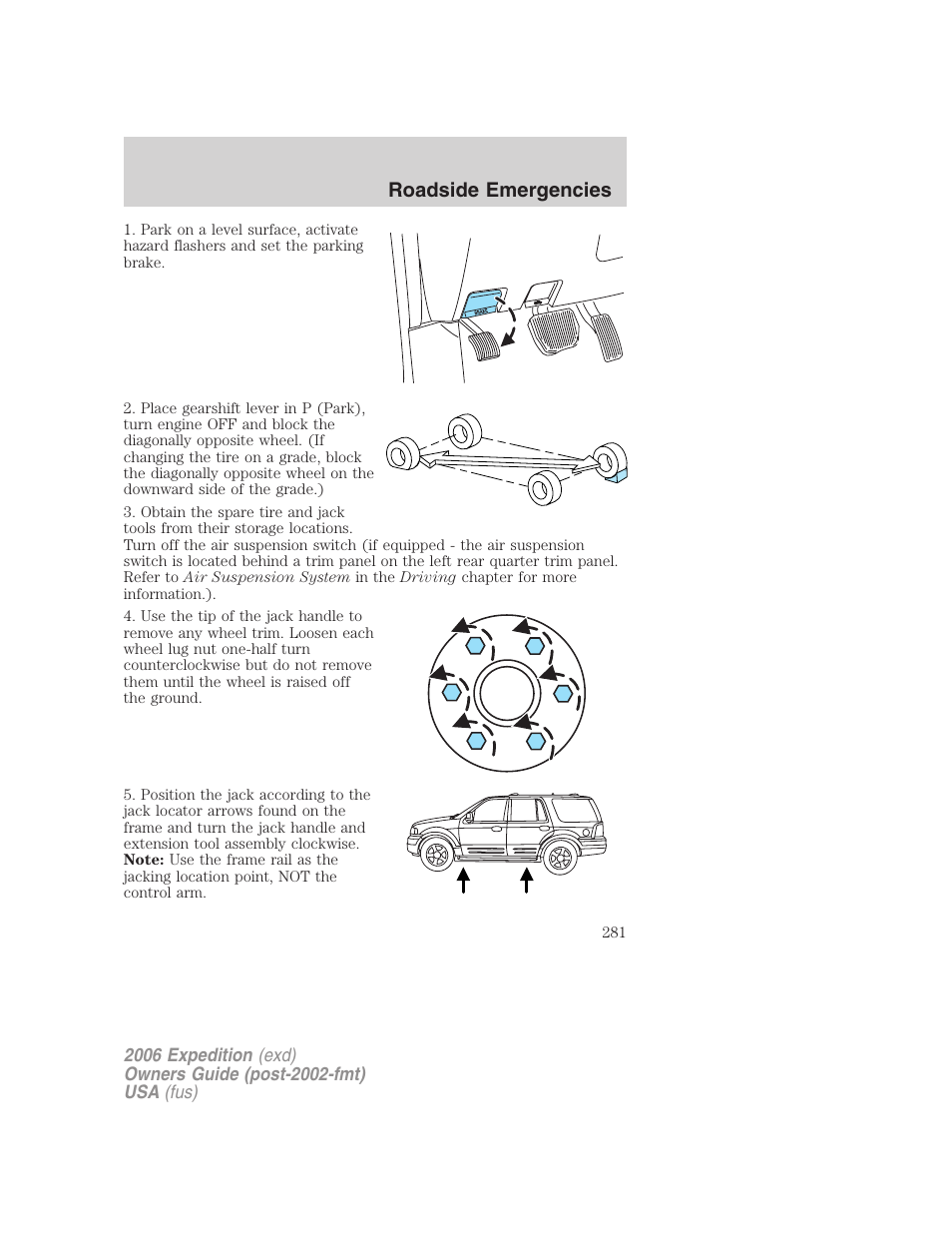 Roadside emergencies | FORD 2006 Expedition v.1 User Manual | Page 281 / 360