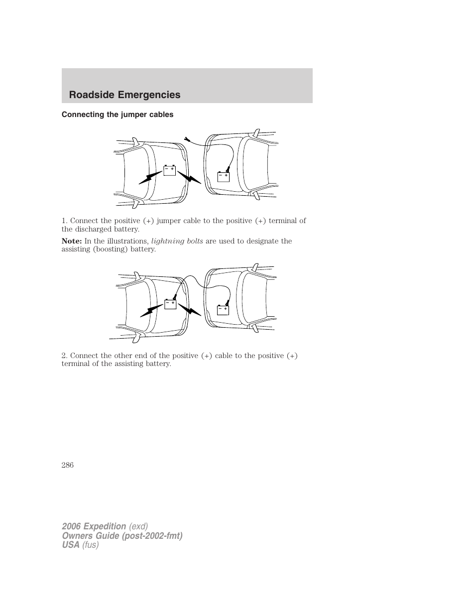 Connecting the jumper cables, Roadside emergencies | FORD 2006 Expedition v.1 User Manual | Page 286 / 360