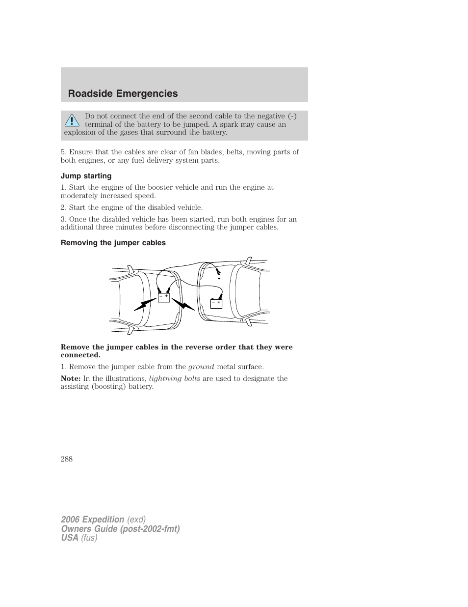Jump starting, Removing the jumper cables, Roadside emergencies | FORD 2006 Expedition v.1 User Manual | Page 288 / 360