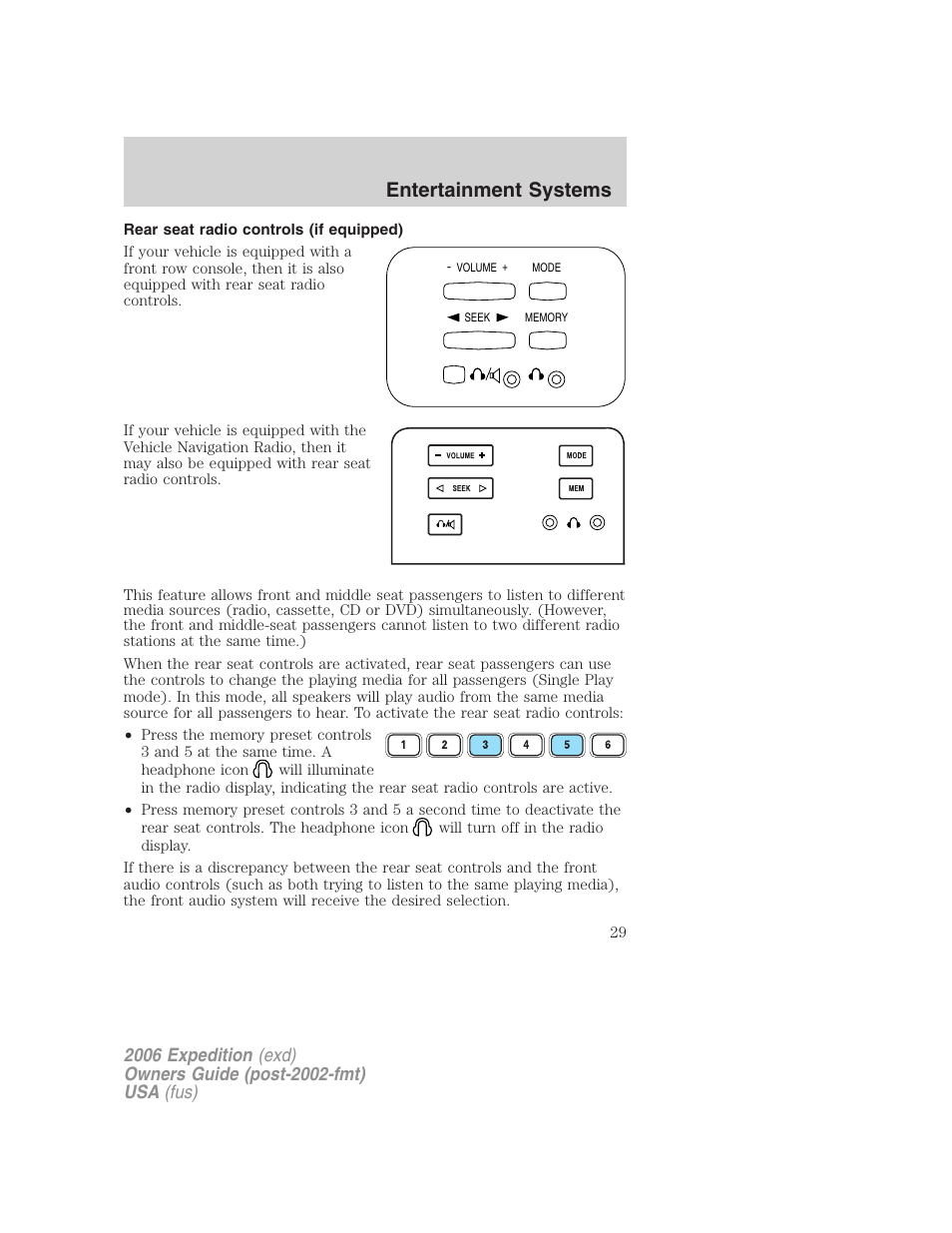 Rear seat radio controls (if equipped), Rear seat controls, Entertainment systems | FORD 2006 Expedition v.1 User Manual | Page 29 / 360