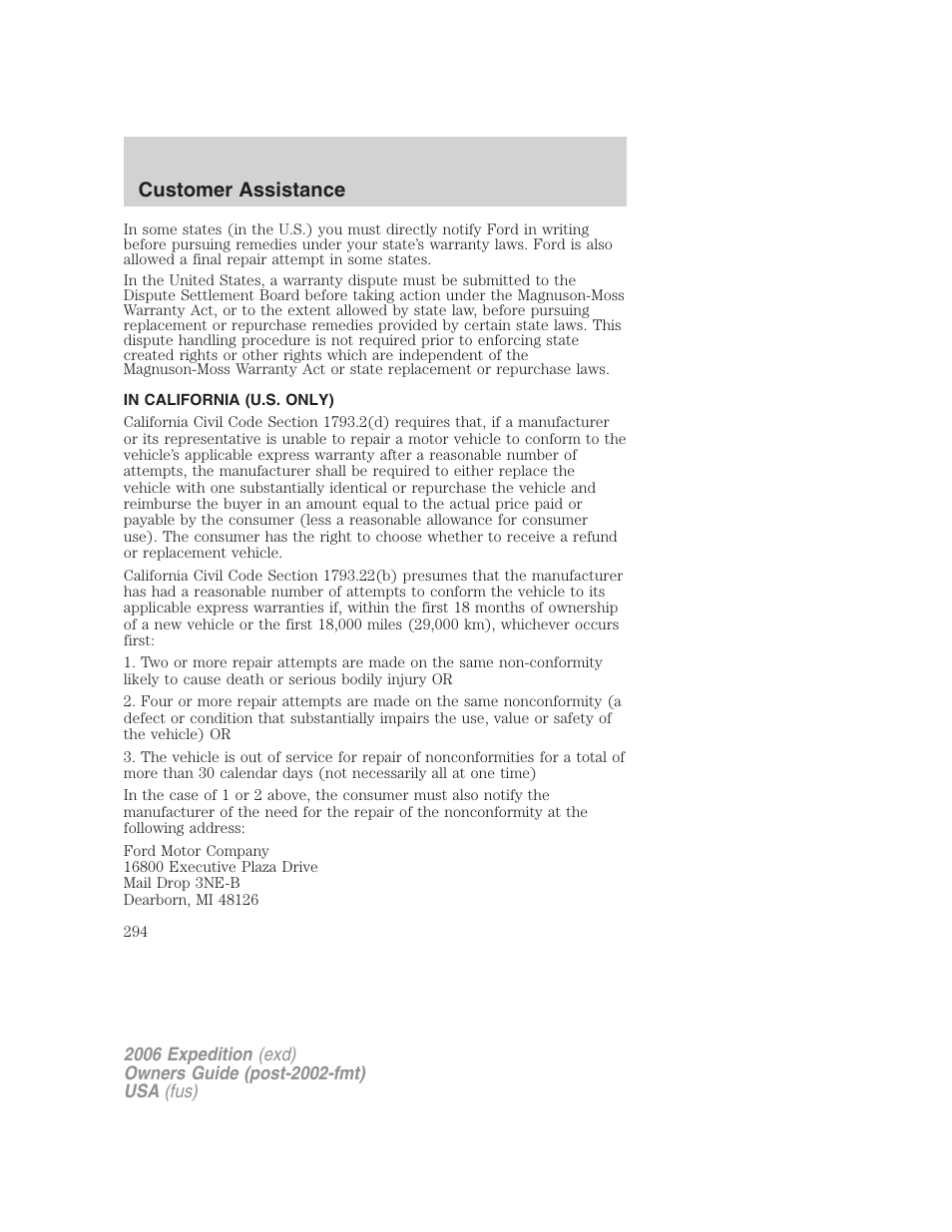 In california (u.s. only), Customer assistance | FORD 2006 Expedition v.1 User Manual | Page 294 / 360