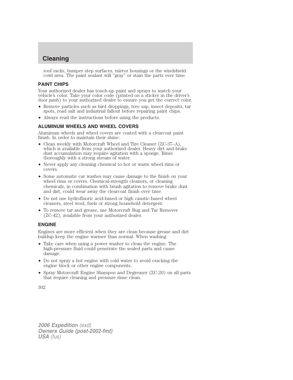 Paint chips, Aluminum wheels and wheel covers, Engine | Cleaning | FORD 2006 Expedition v.1 User Manual | Page 302 / 360