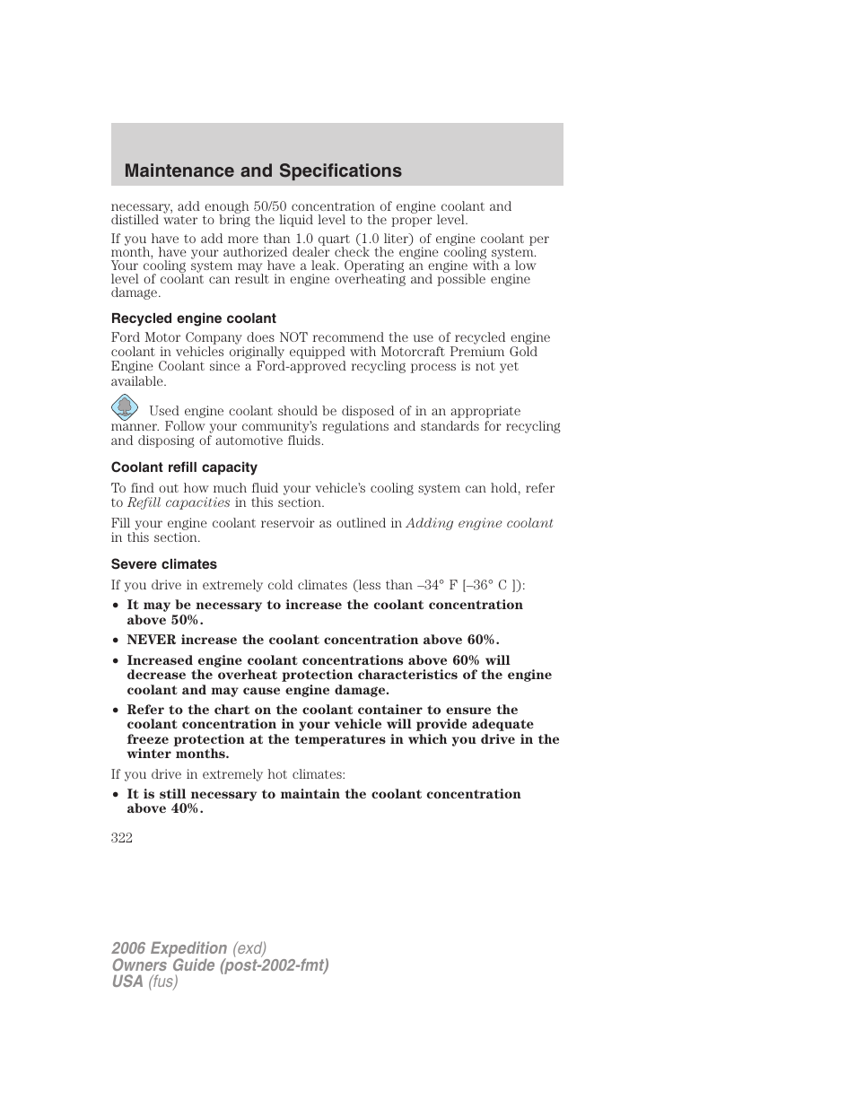 Recycled engine coolant, Coolant refill capacity, Severe climates | Maintenance and specifications | FORD 2006 Expedition v.1 User Manual | Page 322 / 360