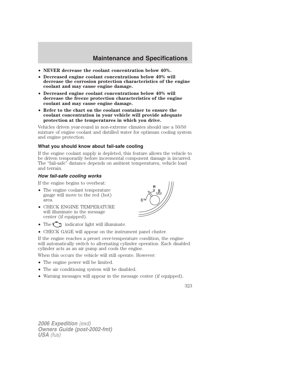 What you should know about fail-safe cooling, How fail-safe cooling works, Maintenance and specifications | FORD 2006 Expedition v.1 User Manual | Page 323 / 360