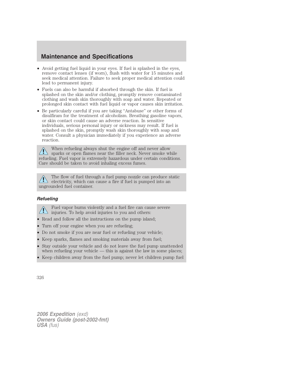 Refueling, Maintenance and specifications | FORD 2006 Expedition v.1 User Manual | Page 326 / 360